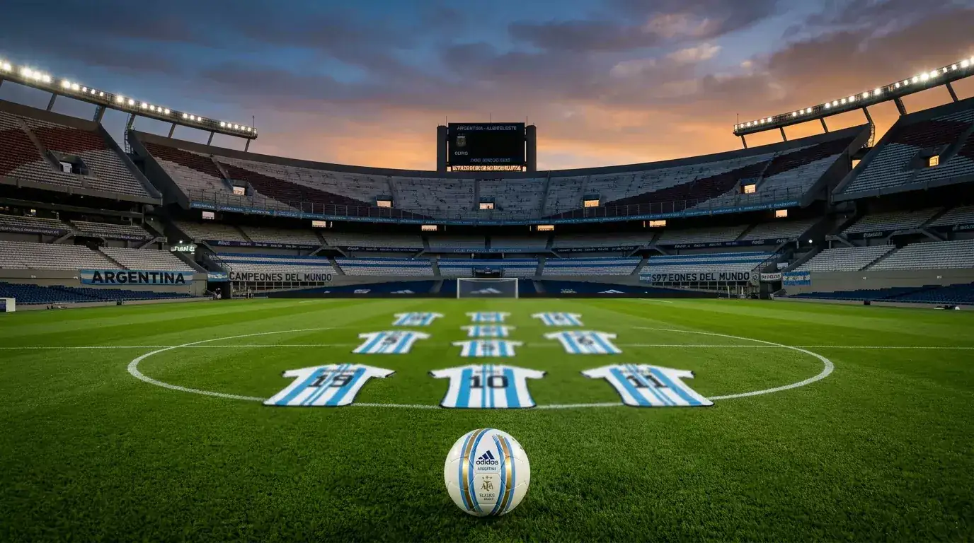 Argentina landslag i lyseblå og hvite drakter på fotballbane under VM 2026