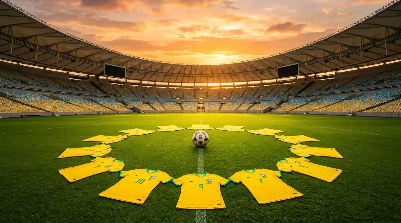 Brasil landslag i gule drakter på fotballbane under VM 2026