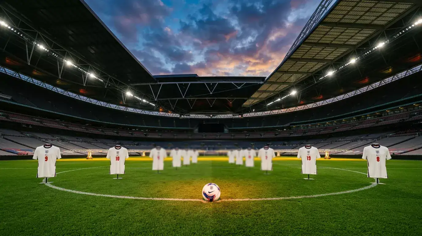 England landslag i hvite drakter på fotballbane under VM 2026