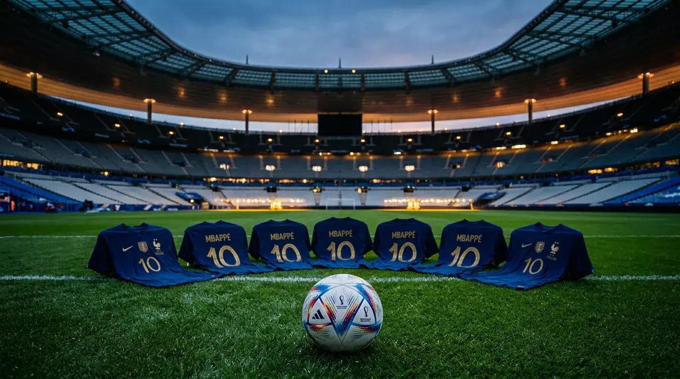 Frankrike landslag i blå drakter på fotballbane under VM 2026