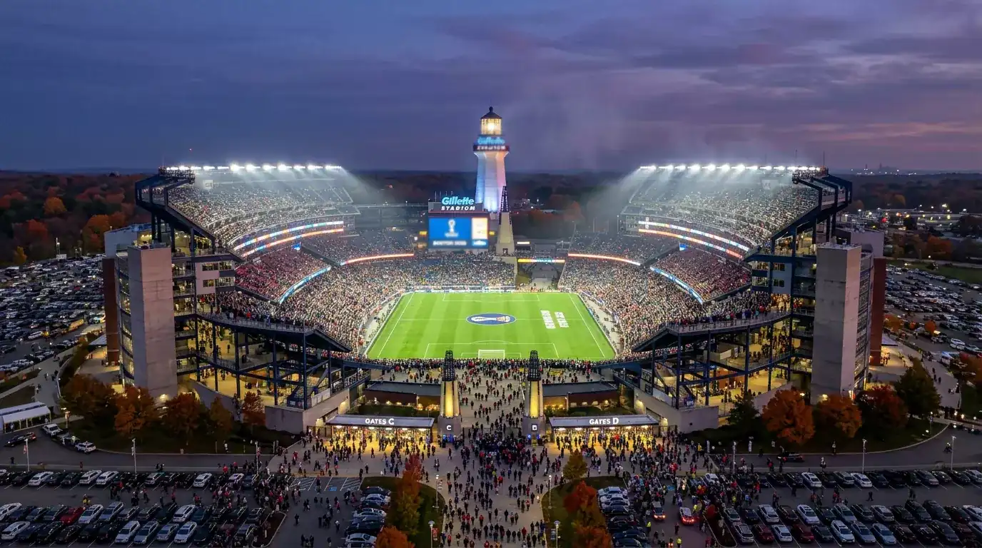 Moderne fotballstadion i Boston kveldslys