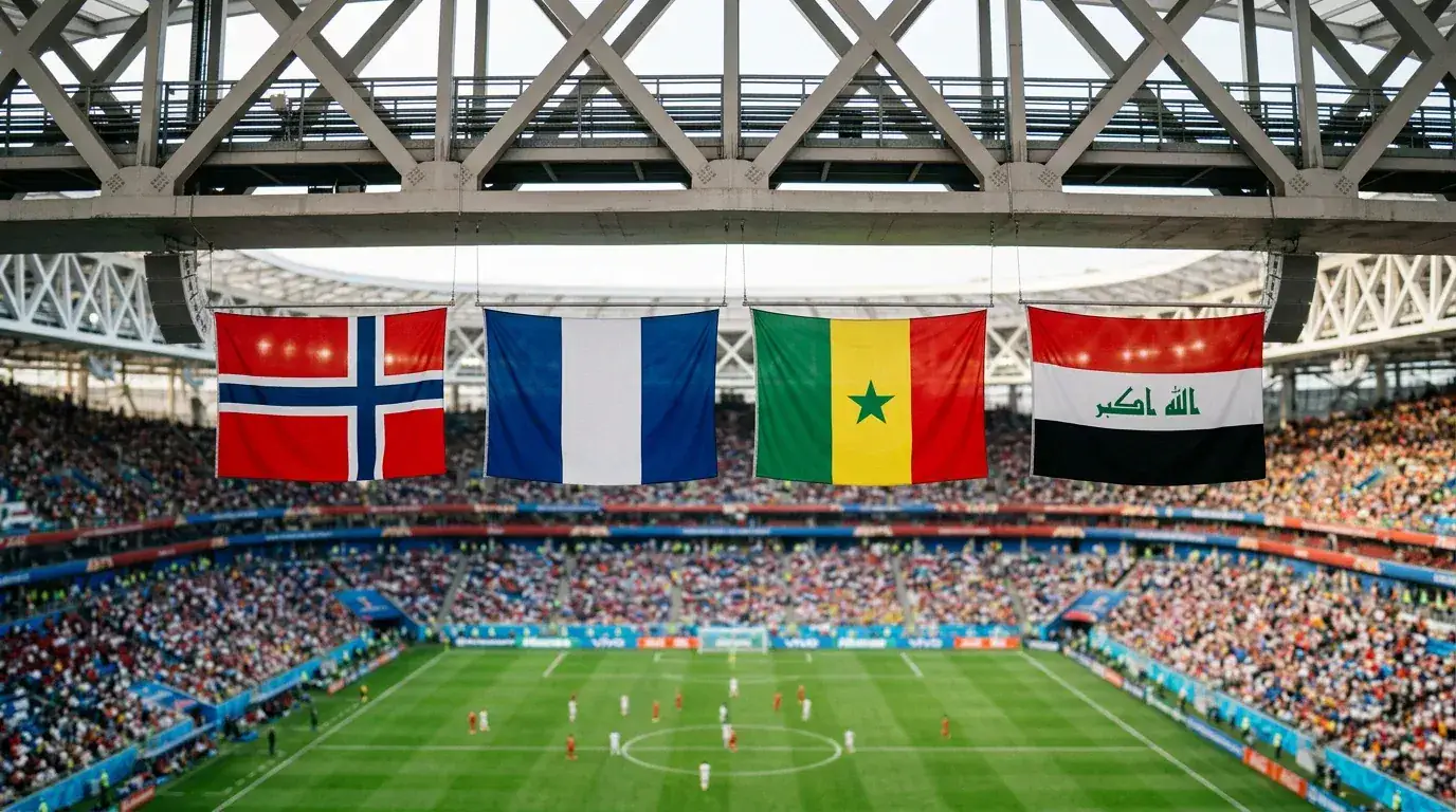 Flagg fra Norge, Frankrike, Senegal og Irak i VM-gruppe