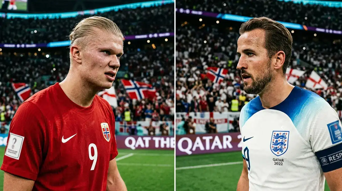 Nærbilde av to angrepsspillere som roper til hverandre under en VM-kamp på kveldstid