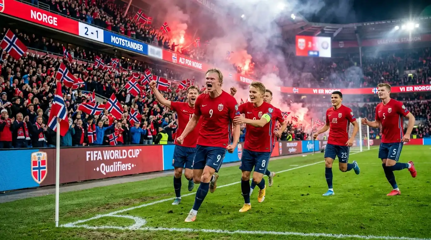 Norske fotballspillere feirer seier i kvalifiseringskamp