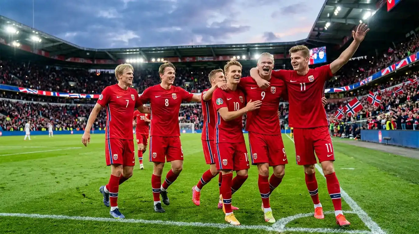 Norske landslagsspillere feirer kvalifisering til VM 2026