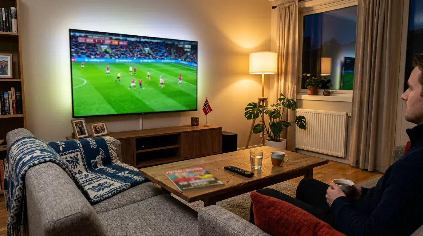 Norsk Tipping logo og VM 2026 fotballkamp på skjerm