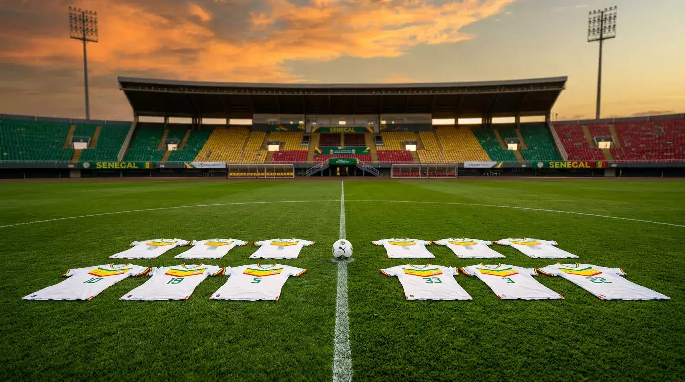 Senegal landslag i hvite drakter på fotballbane under VM 2026