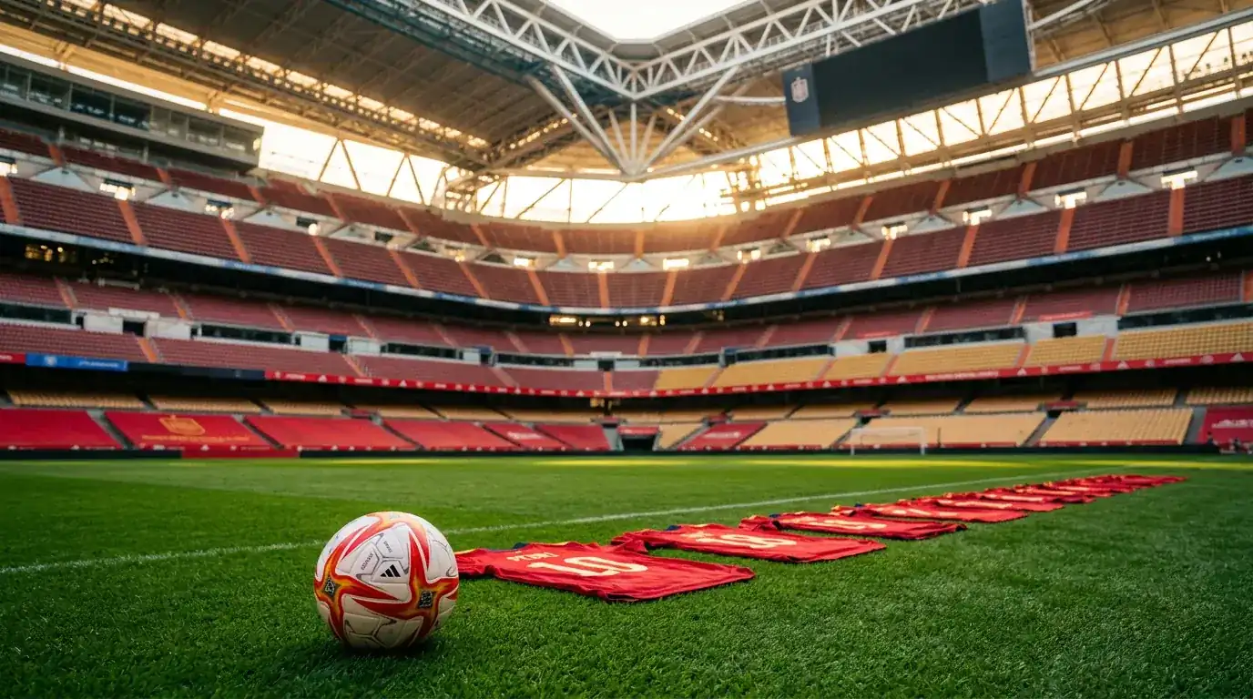 Spania landslag i røde drakter på fotballbane under VM 2026