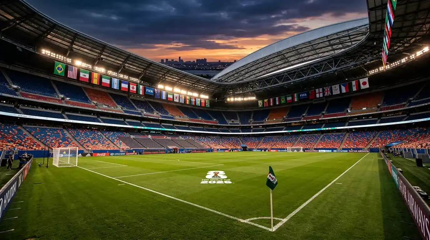 VM 2026 fotballstadion med internasjonale flagg og grønn gressmatte