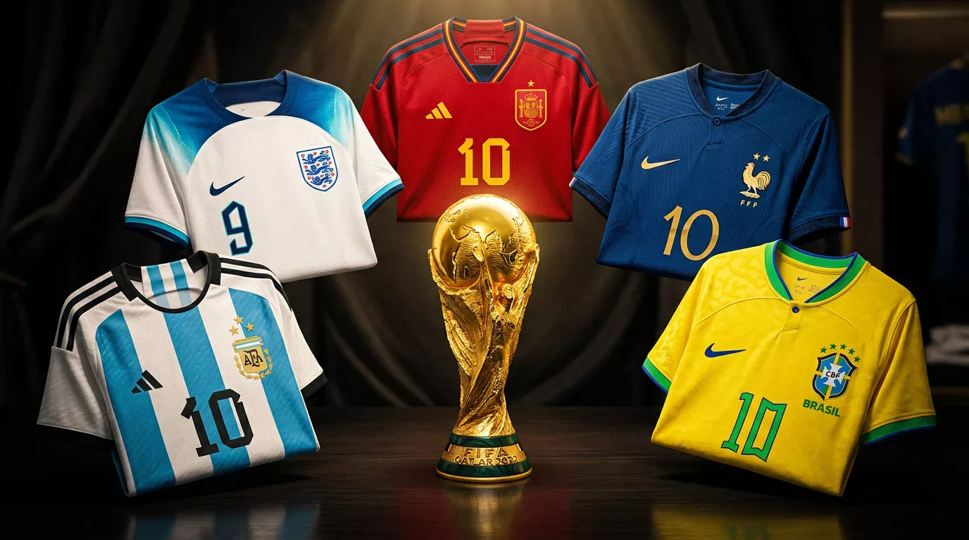 Flaggene til VM 2026 favorittene samlet rundt trofeet