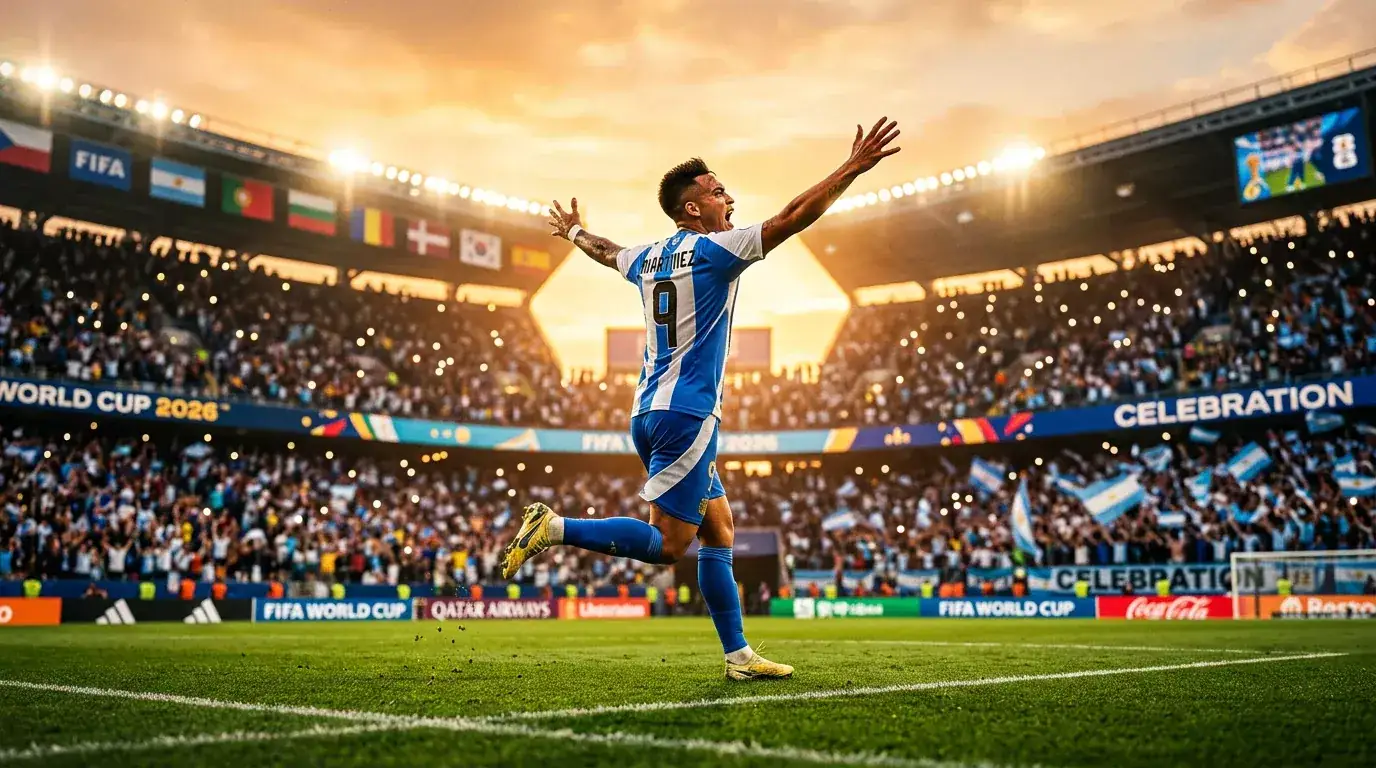 Erling Haaland feirer scoring med det norske flagget i bakgrunnen under VM 2026